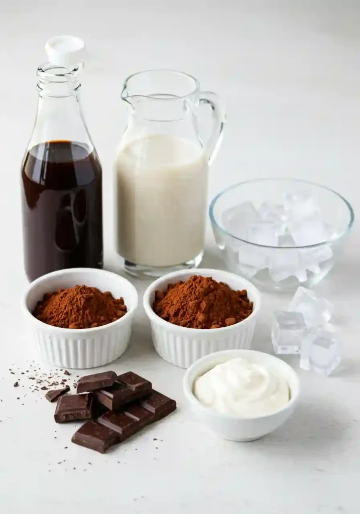 Real chocolate, cocoa, milk, ice cubes, and chocolate syrup on the counter