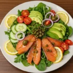 Freshly prepared smoked salmon salad in a bowl