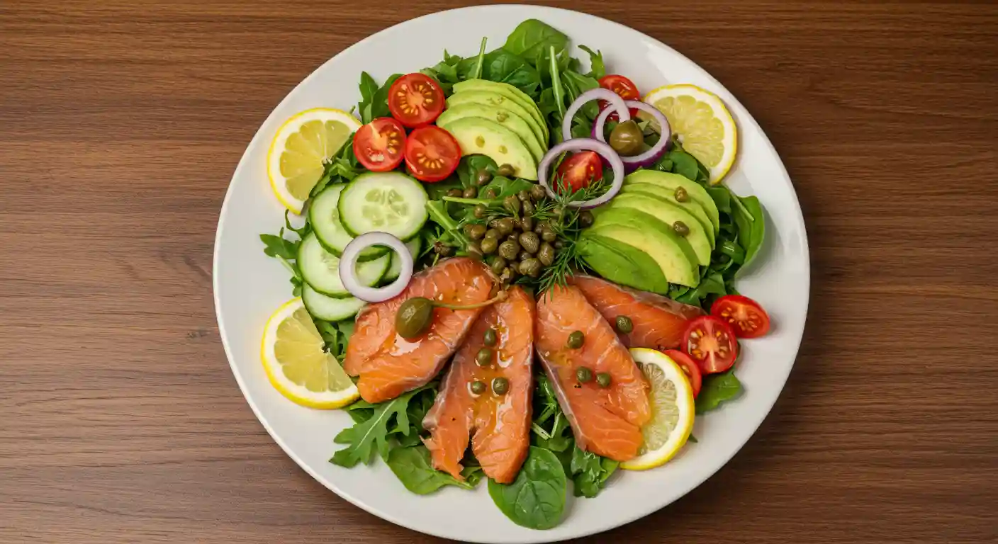 Freshly prepared smoked salmon salad in a bowl