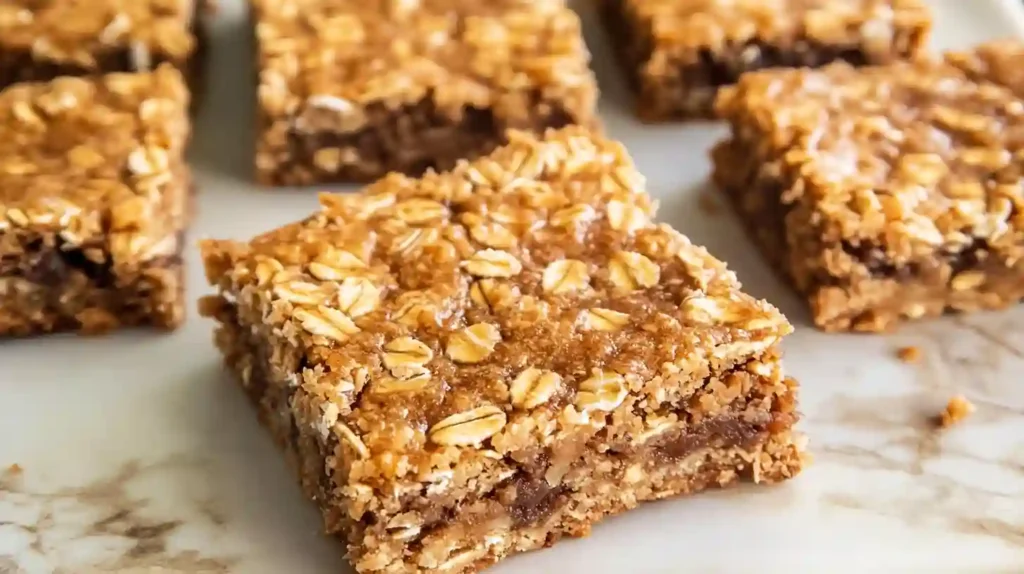 Freshly baked banana oatmeal bars on a wooden board