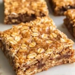 Freshly baked banana oatmeal bars on a wooden board