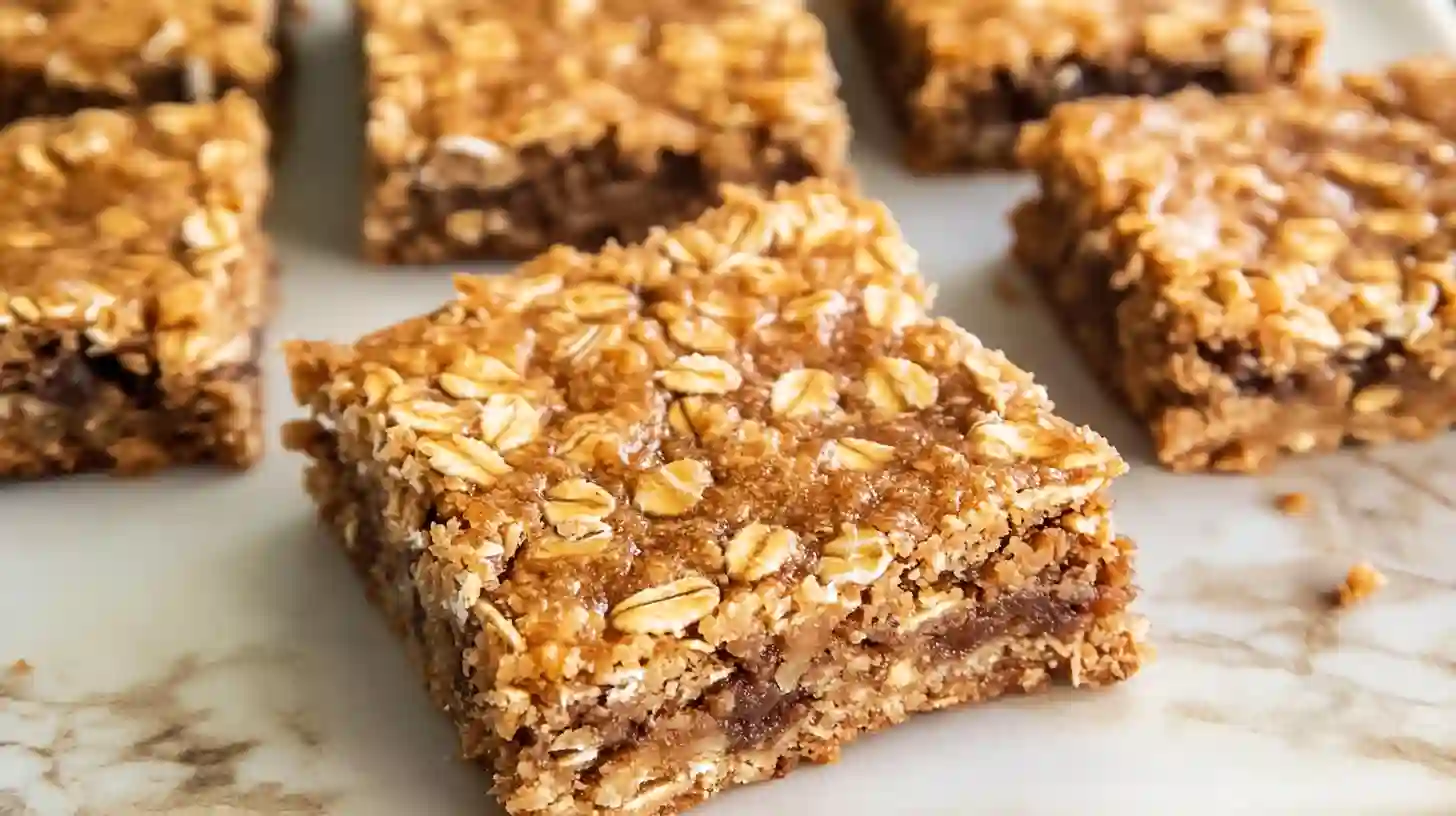 Freshly baked banana oatmeal bars on a wooden board
