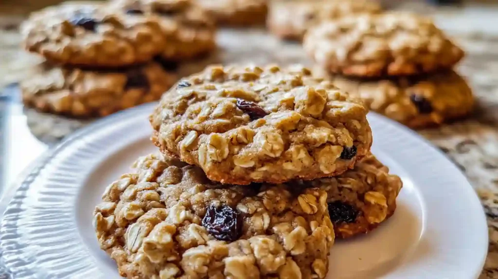 Stack of golden oatmeal raisin cookies on a plate