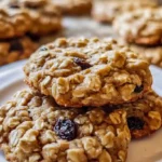 Stack of golden oatmeal raisin cookies on a plate