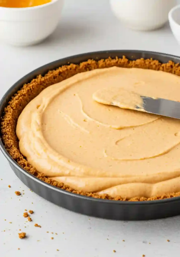 Pumpkin cheesecake filling spread evenly on graham cracker crust