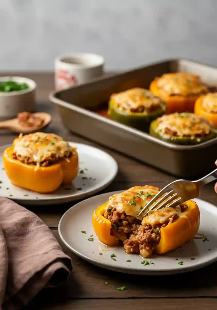 Stuffed peppers topped with shredded cheese before final bake