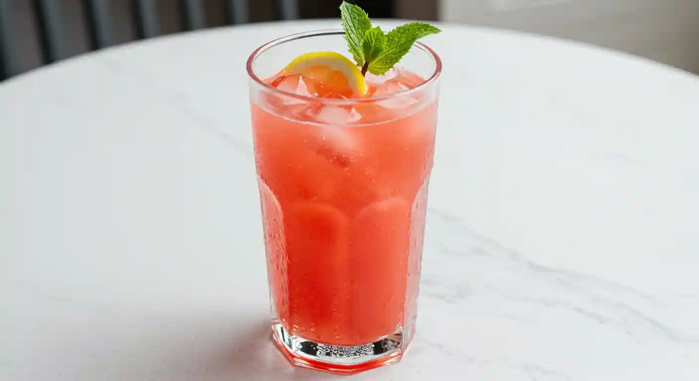 Chilled watermelon lemonade served with lemon slice and mint