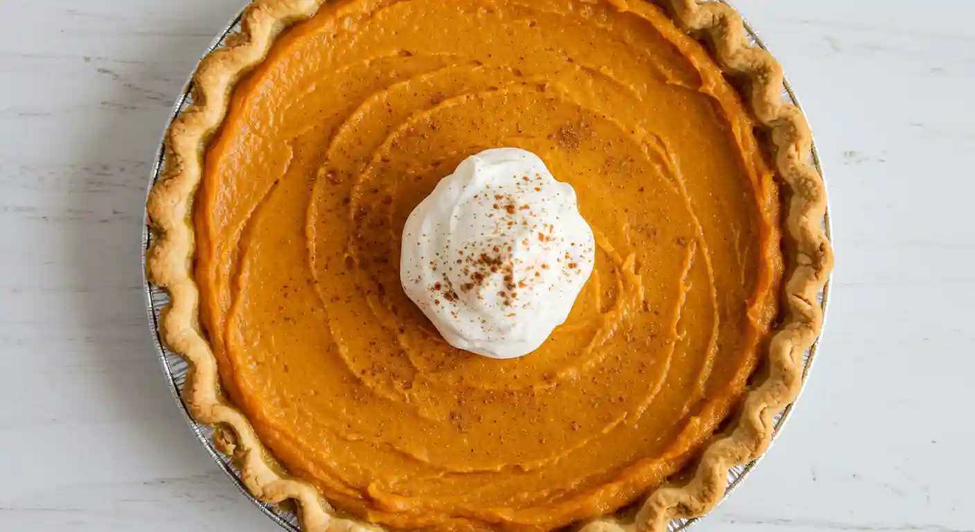 Baked sweet potato pie on a rustic wooden surface