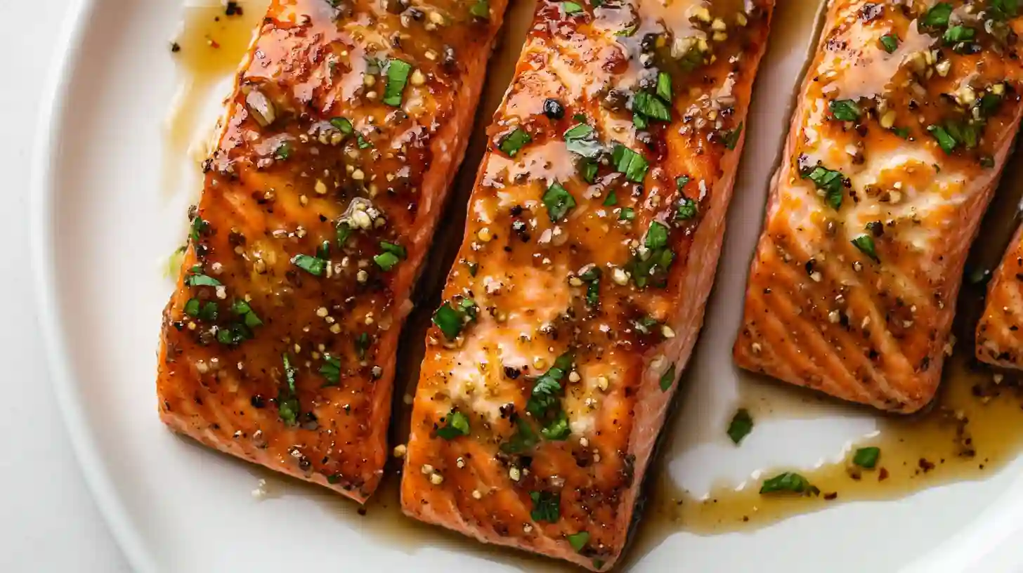 Honey garlic salmon fillets glazed and served with lemon slices