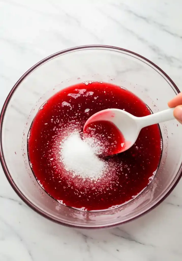 Sugar being stirred into warm cranberry juice with spoon