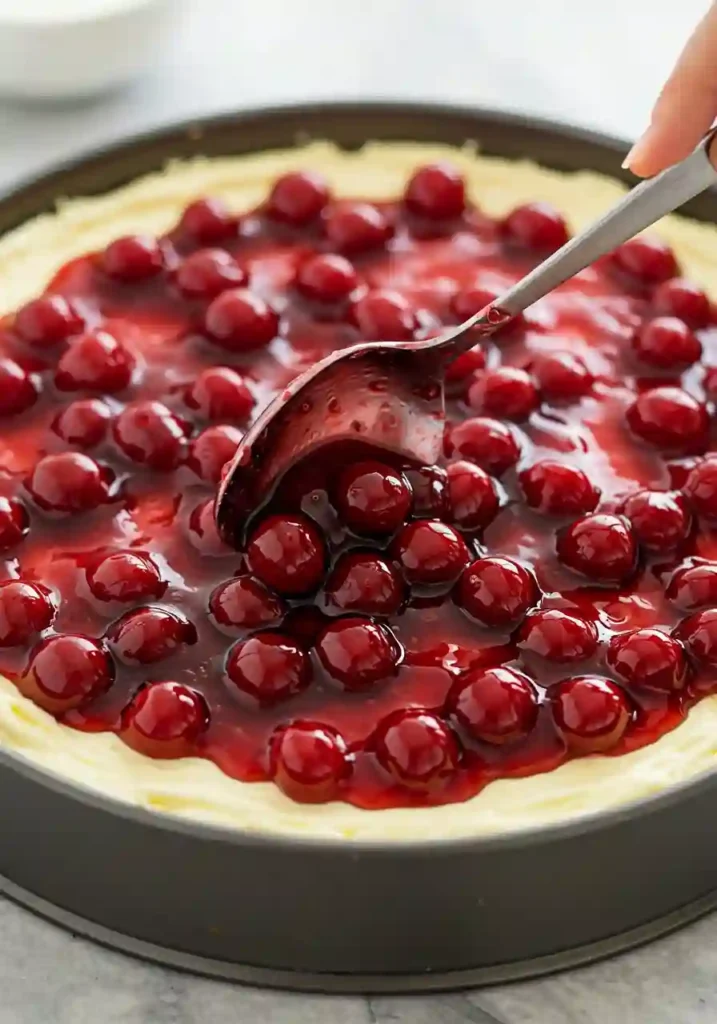 Cherry topping being added to no bake cheesecake