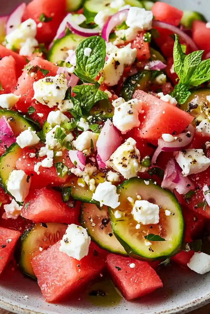 Crumbled feta cheese sprinkled over watermelon salad