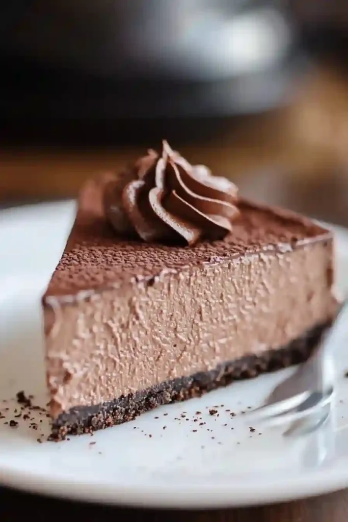 Whipped cream and chocolate crumbs on top of chocolate cheesecake