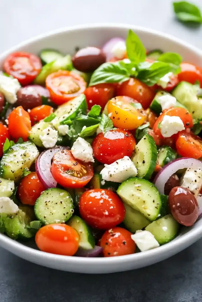 Final toss of cucumber tomato salad with vinaigrette