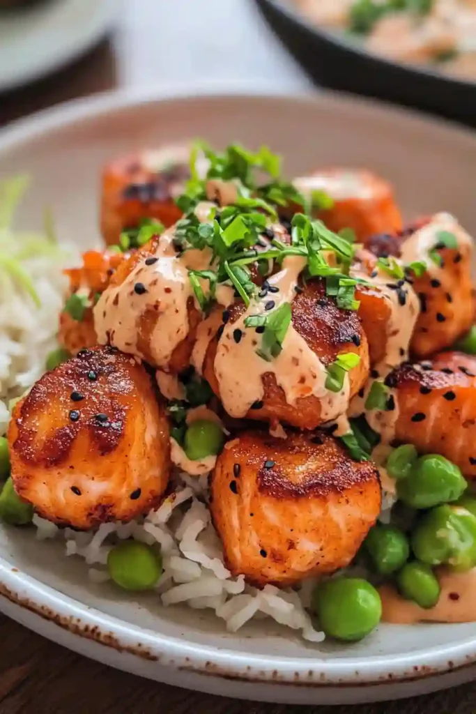 Crispy salmon bites coated in spicy-sweet bang bang sauce