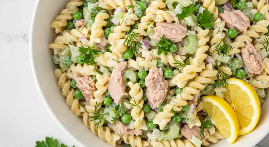 Finished tuna pasta salad in a bowl with fresh herbs
