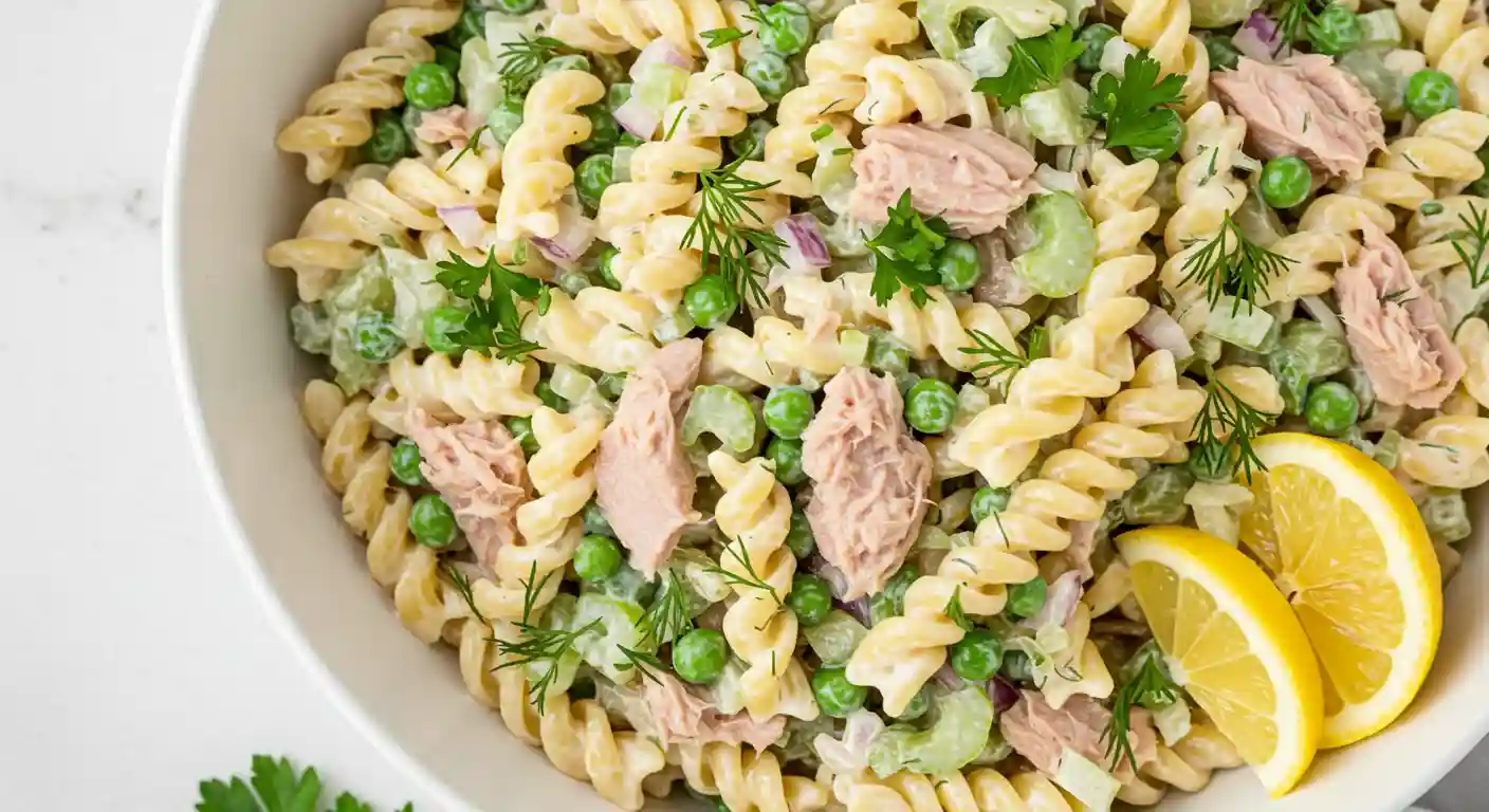 Finished tuna pasta salad in a bowl with fresh herbs
