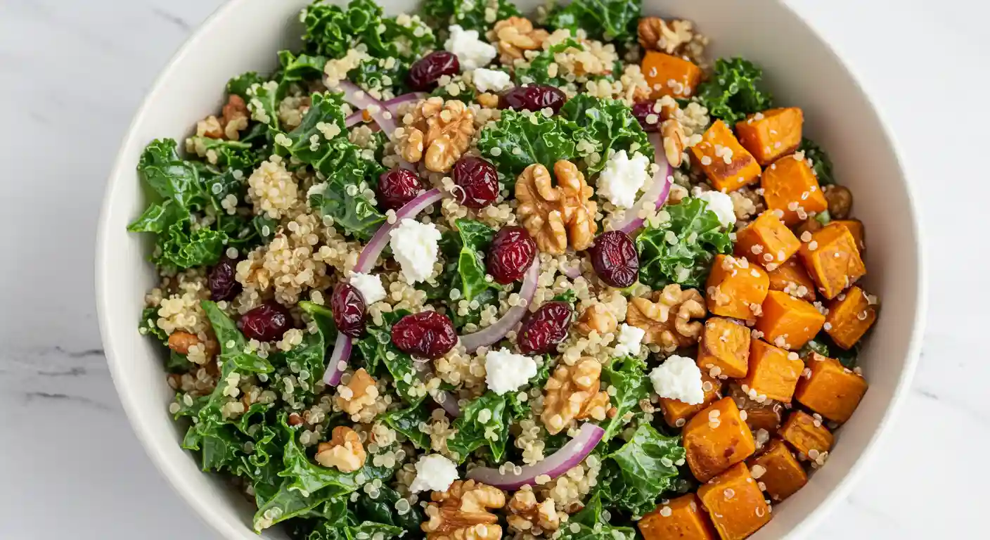 Finished kale quinoa salad topped with lemon and herbs