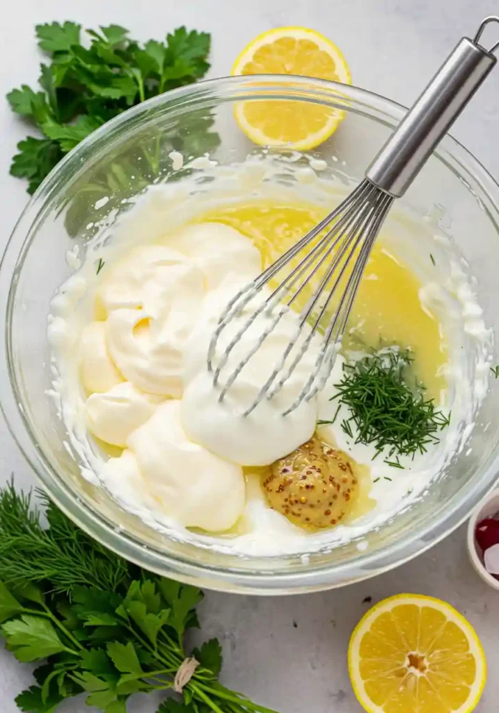 Mixing bowl with mayo, yogurt, lemon juice, and dill being whisked