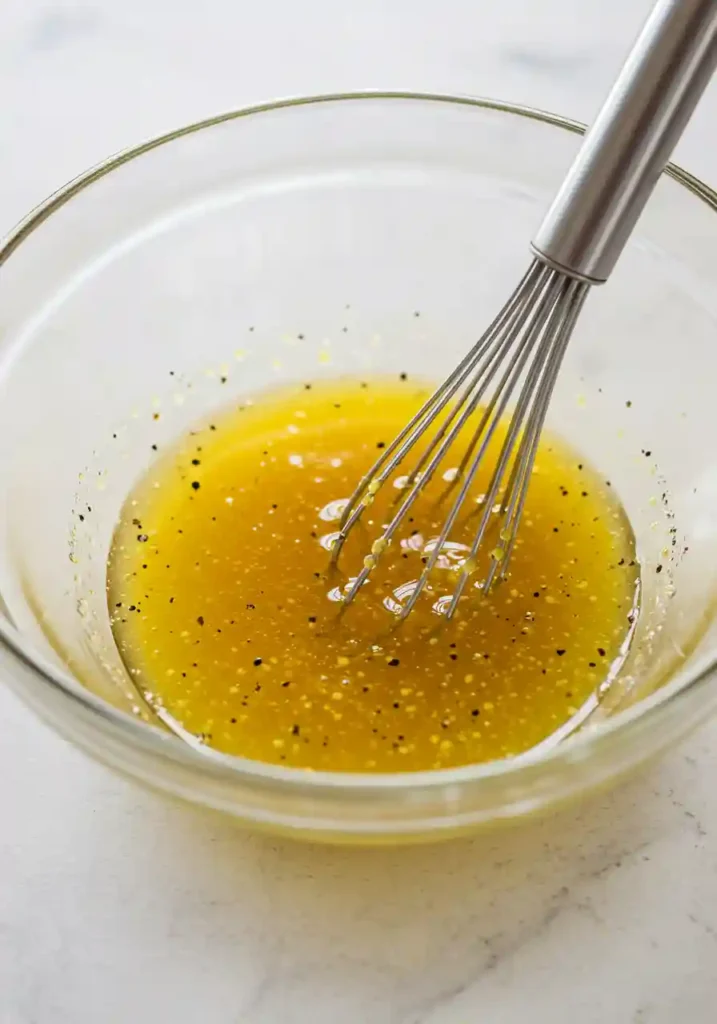 Mixing lemon vinaigrette for smoked salmon salad