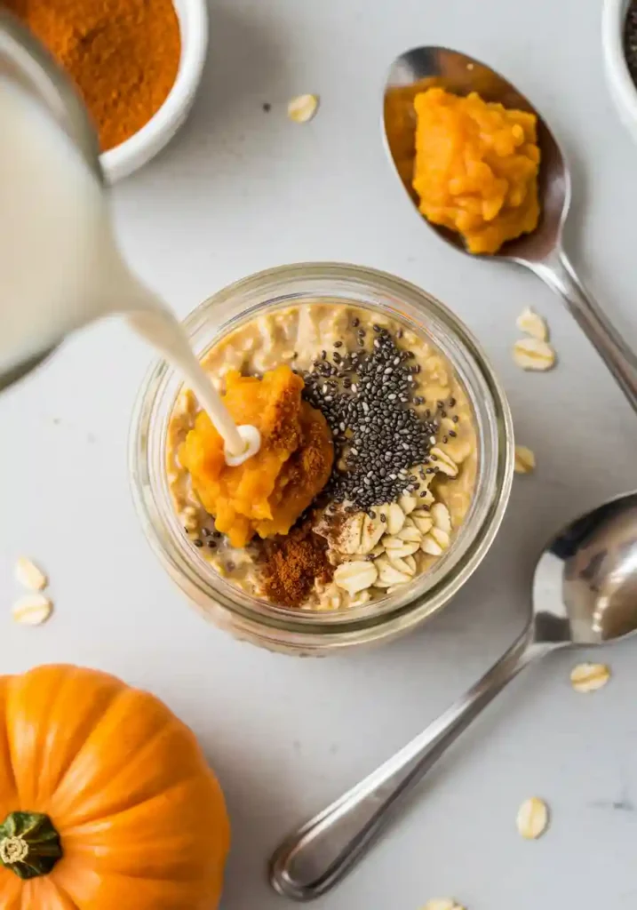 Hands pouring pumpkin puree and milk into a mason jar with oats and spices for overnight oats recipe
