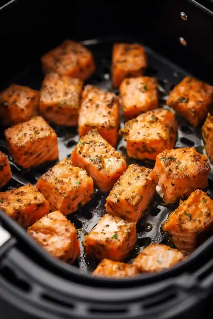 Raw salmon cubes seasoned in a bowl before air frying