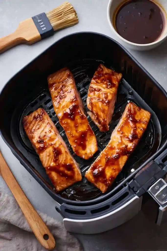 Glazed salmon fillets cooking in an air fryer basket with golden edges forming