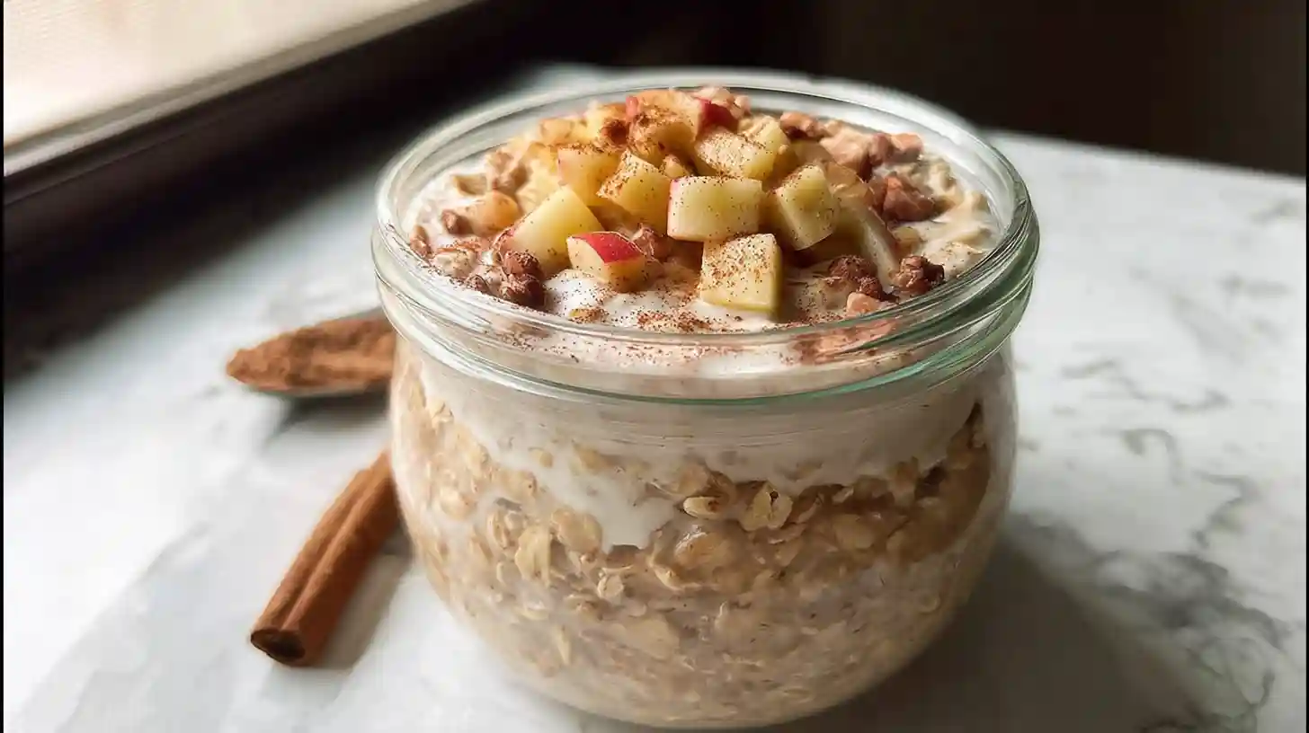 Apple pie overnight oats in a glass mason jar topped with diced apples, cinnamon, and chopped walnuts on a wooden table