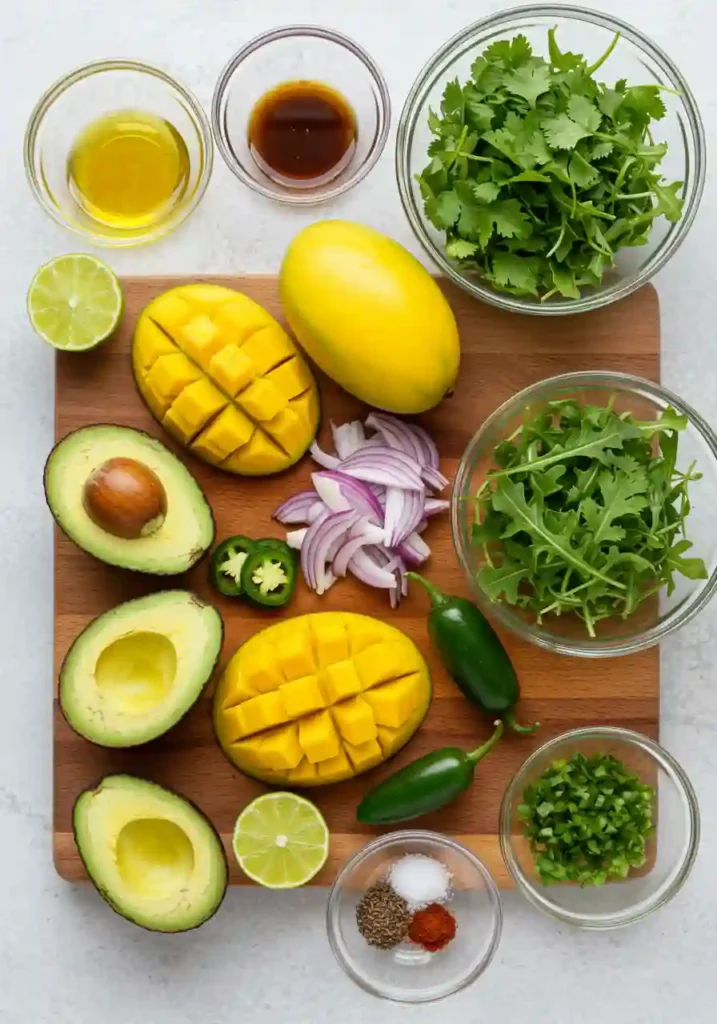 Avocado Mango Salad ingredients including ripe avocados, fresh mangoes, red onion, cilantro, lime, and olive oil arranged on marble countertop