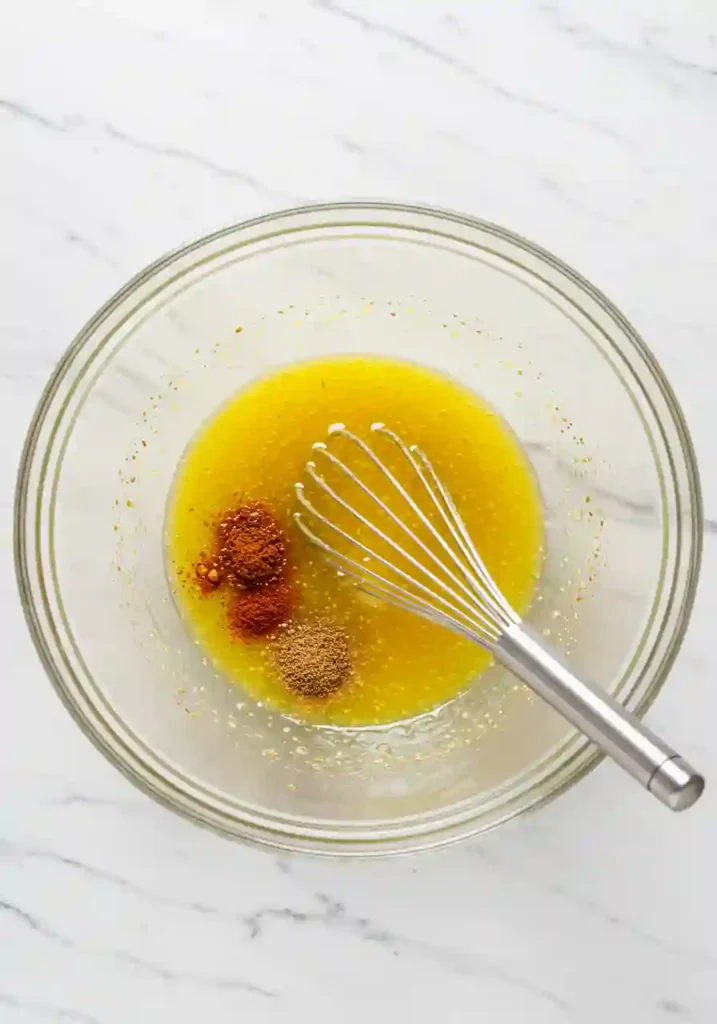 Hands whisking lime juice, olive oil, honey and spices in glass bowl to make Avocado Mango Salad dressing