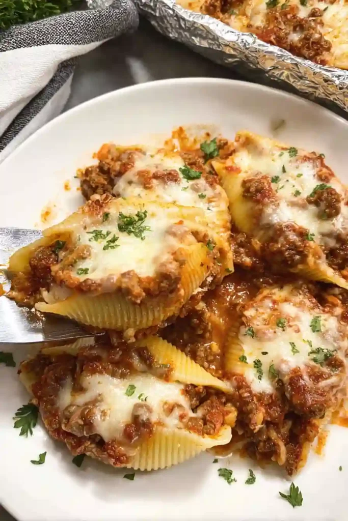 Stuffed shells bubbling with melted cheese fresh out of the oven in a baking dish