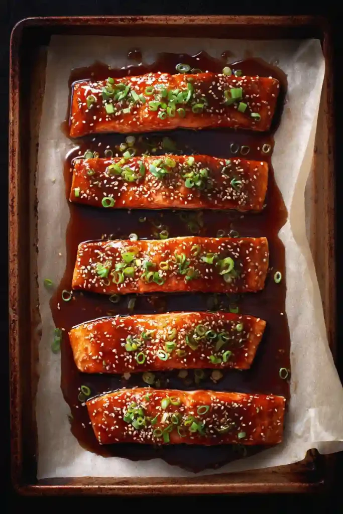 Salmon fillets on parchment paper baking in a home oven with teriyaki glaze