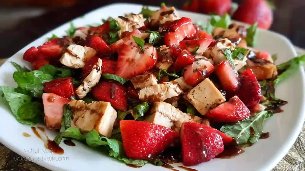 A vibrant bowl of balsamic strawberry chicken salad with spinach, berries, and grilled chicken