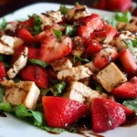 A vibrant bowl of balsamic strawberry chicken salad with spinach, berries, and grilled chicken