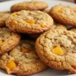Freshly baked peach cobbler cookies with crumble topping and vanilla glaze on cooling rack