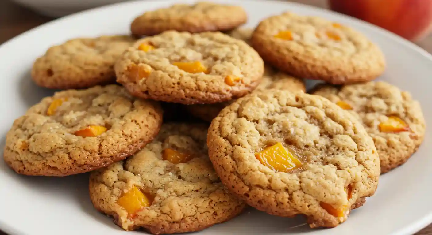 Freshly baked peach cobbler cookies with crumble topping and vanilla glaze on cooling rack