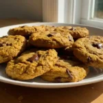 Stack of soft pumpkin chocolate chip cookies on white plate with fall decorations and scattered chocolate chips