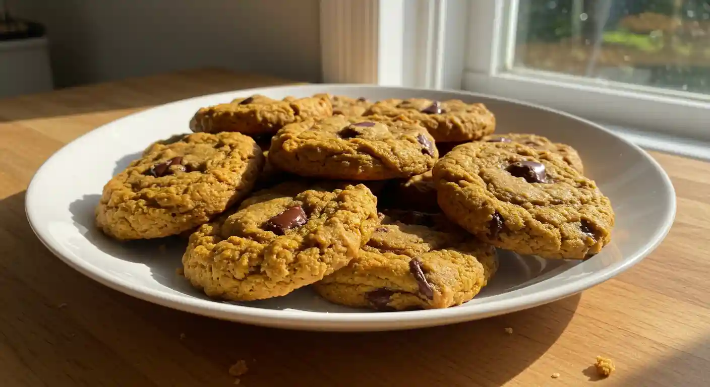 Stack of soft pumpkin chocolate chip cookies on white plate with fall decorations and scattered chocolate chips