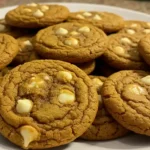 Stack of soft pumpkin white chocolate chip cookies on rustic wooden board with white chocolate chips and fall pumpkins as decoration