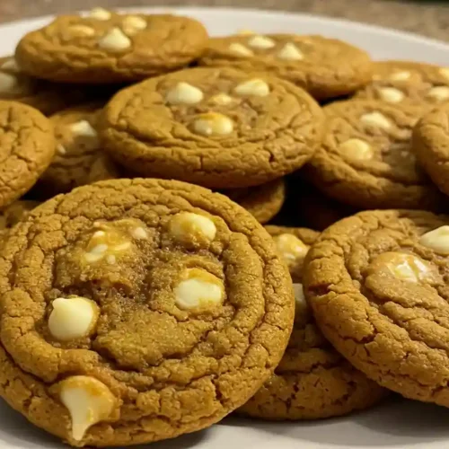Stack of soft pumpkin white chocolate chip cookies on rustic wooden board with white chocolate chips and fall pumpkins as decoration