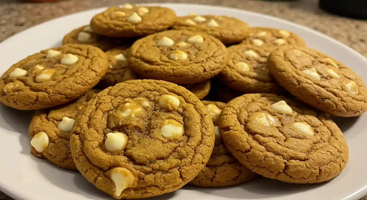 Stack of soft pumpkin white chocolate chip cookies on rustic wooden board with white chocolate chips and fall pumpkins as decoration