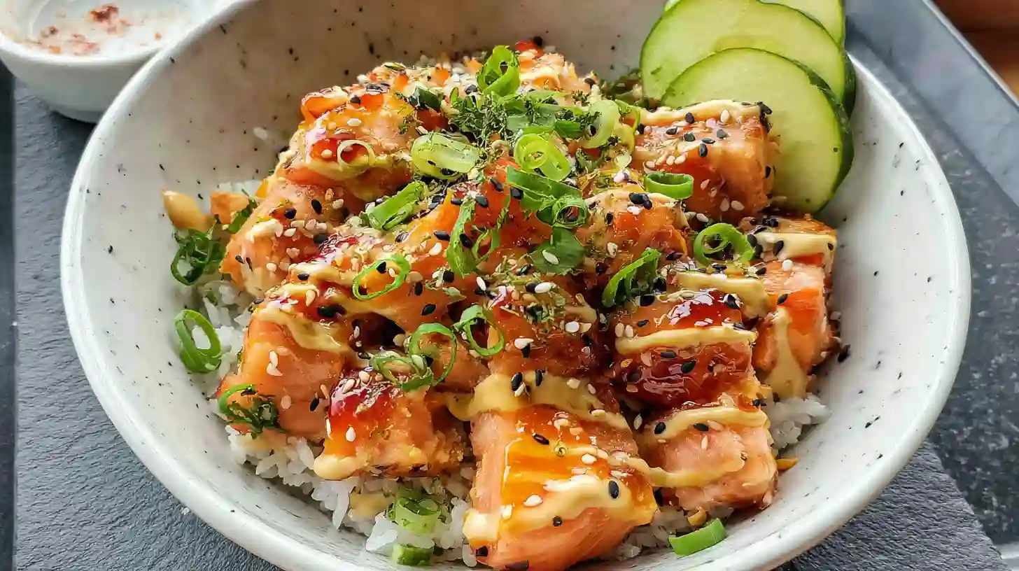 Finished Bang Bang Salmon Bowl with rice, avocado, and spicy sauce