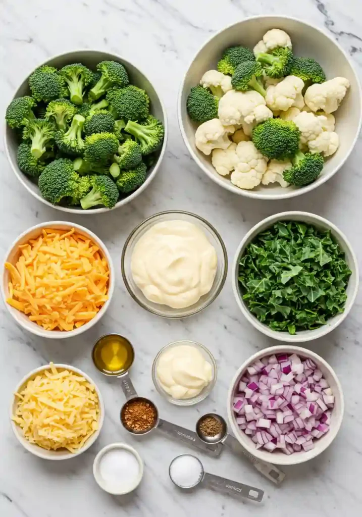 Raw ingredients for broccoli and cauliflower salad arranged on a countertop