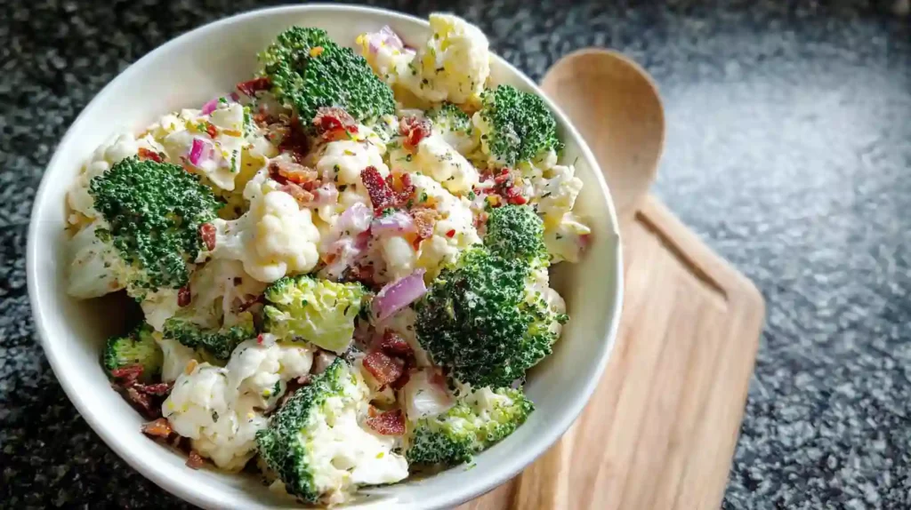 Fresh broccoli and cauliflower salad in a white serving bowl with cheddar, and kale