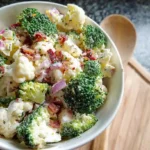 Fresh broccoli and cauliflower salad in a white serving bowl with cheddar, and kale
