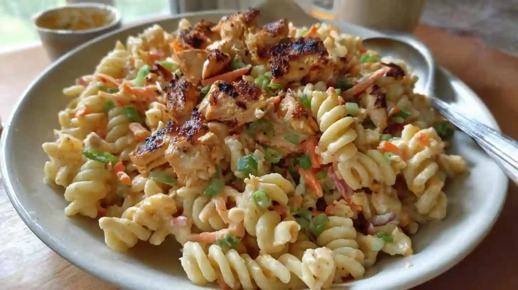 A vibrant bowl of Buffalo Chicken Pasta Salad with rotini, grilled chicken, and creamy dressing