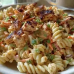 A vibrant bowl of Buffalo Chicken Pasta Salad with rotini, grilled chicken, and creamy dressing