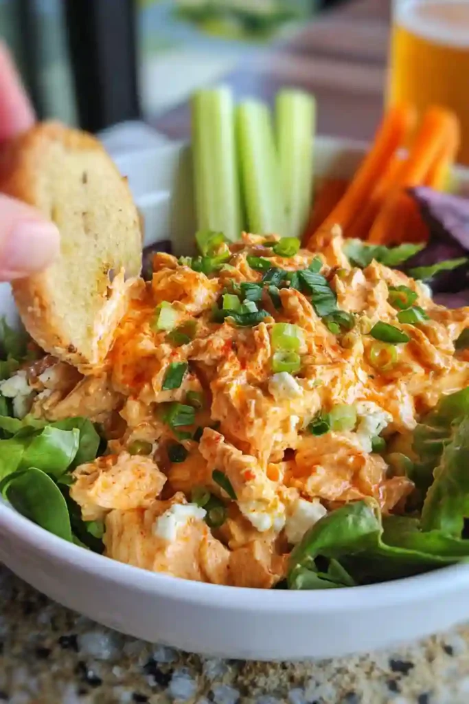 Covered glass bowl of finished buffalo chicken salad in refrigerator alongside meal prep containers filled with portions of the salad, showing proper storage for the week