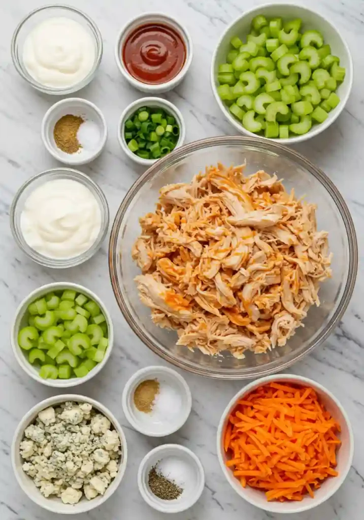 Buffalo chicken salad ingredients arranged on white marble countertop including shredded chicken, Greek yogurt, buffalo sauce, celery, red onion, green onions, mayonnaise, and seasonings