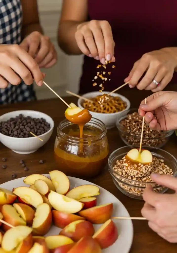 Caramel Apple Bar with Apples on Sticks and Topping Bowls
